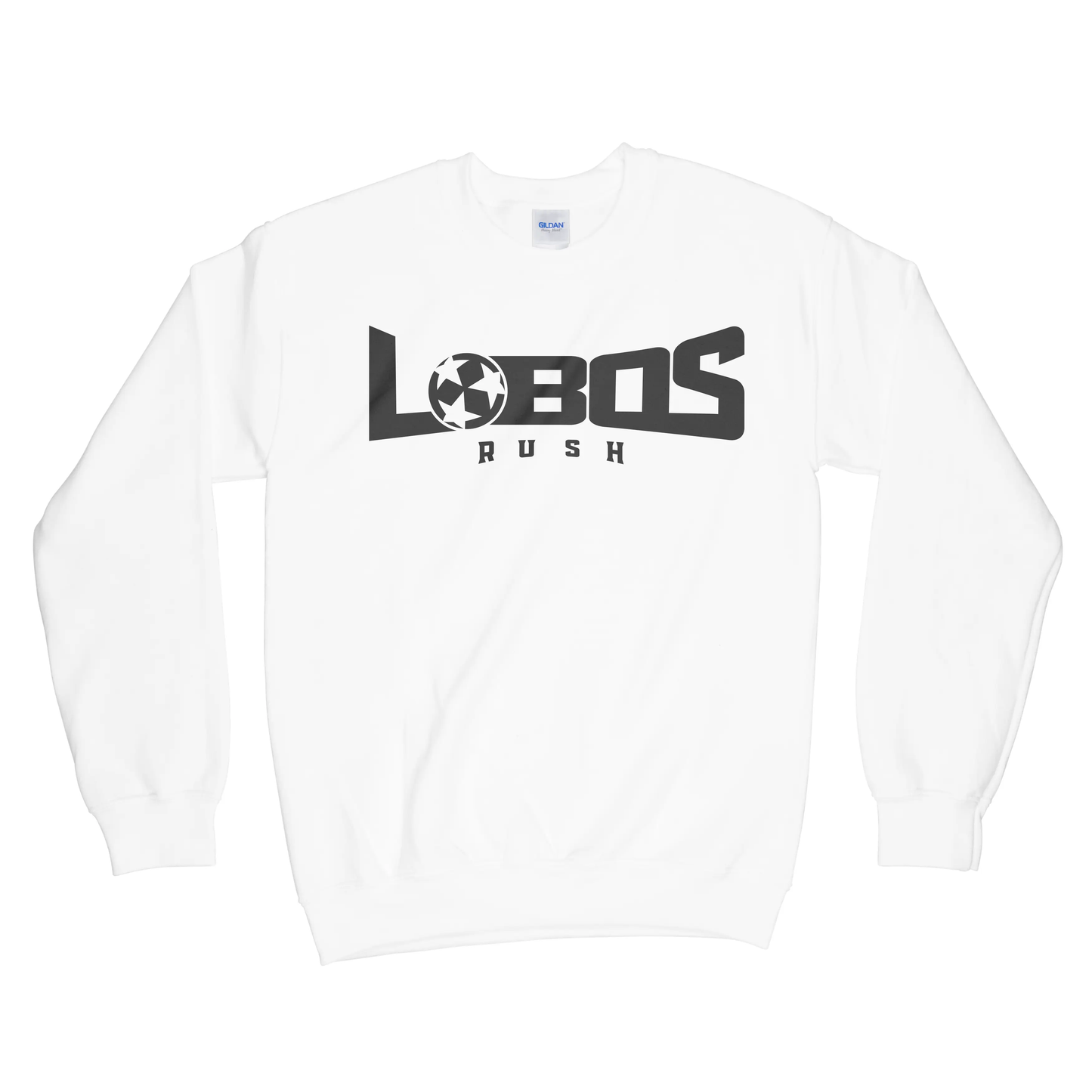 LOBOS RUSH GILDAN CREW NECK SWEATSHIRT - BLACK PRINT - 9 COLOR OPTIONS PrinthouseOB
