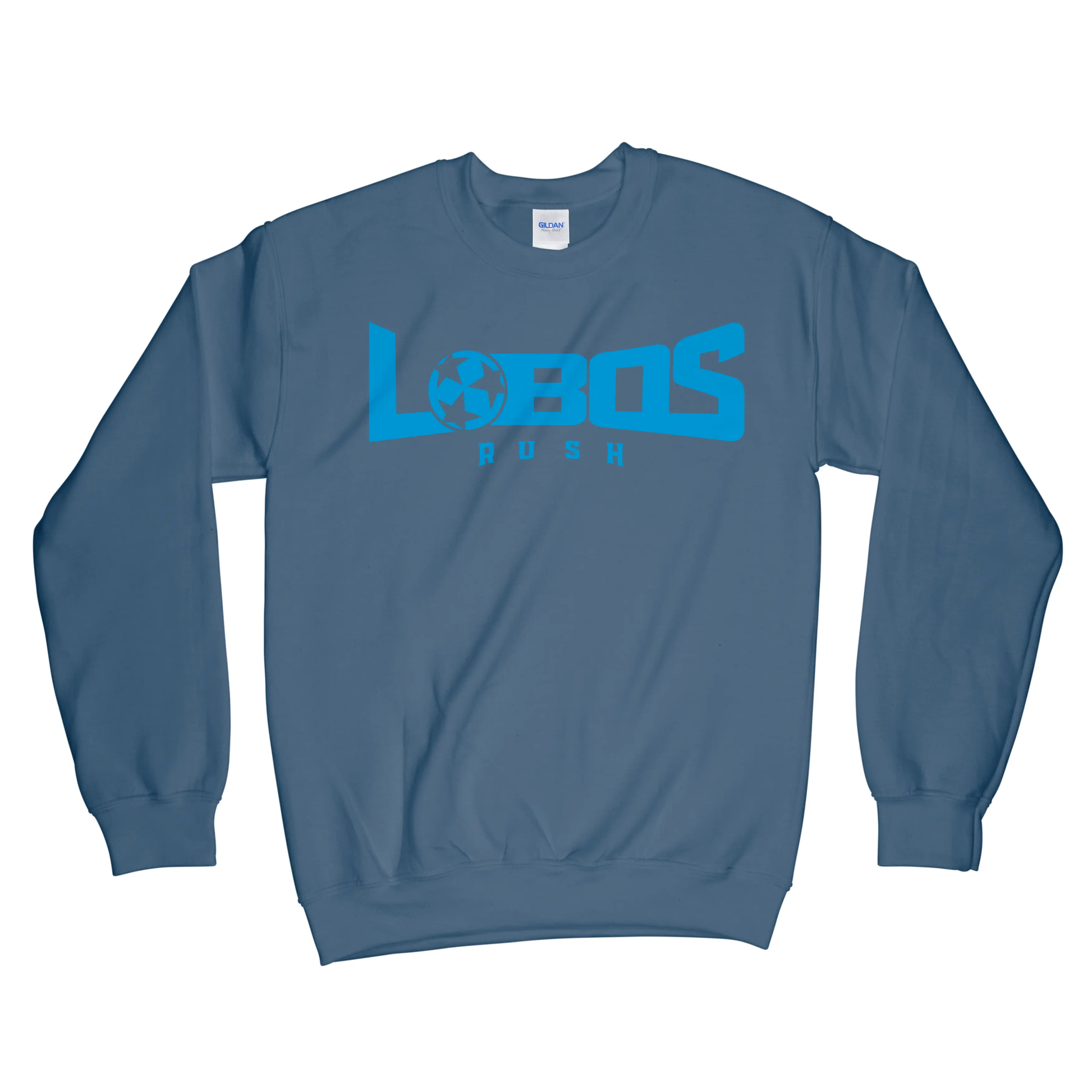 LOBOS RUSH GILDAN CREW NECK SWEATSHIRT - RUSH BLUE PRINT - 9 COLOR OPTIONS PrinthouseOB