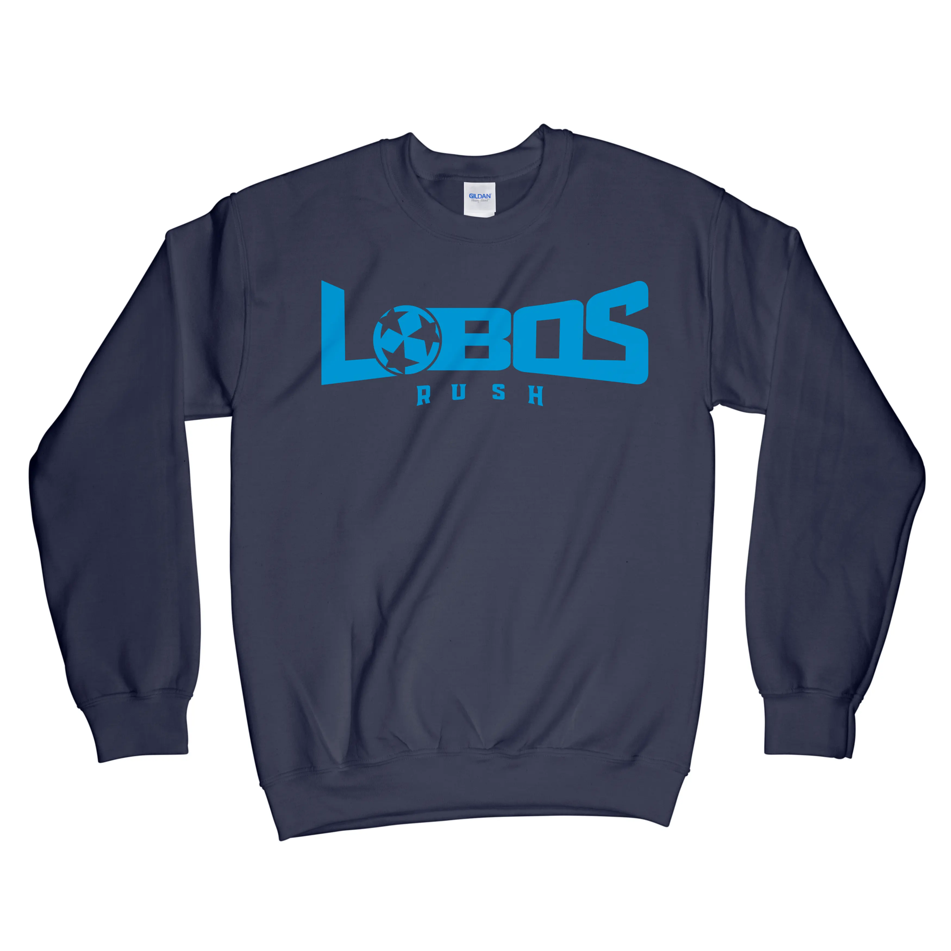 LOBOS RUSH GILDAN CREW NECK SWEATSHIRT - RUSH BLUE PRINT - 9 COLOR OPTIONS PrinthouseOB
