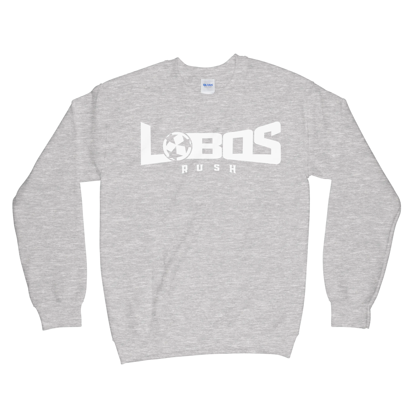 LOBOS RUSH GILDAN CREW NECK SWEATSHIRT - WHITE PRINT - 12 COLOR OPTIONS PrinthouseOB